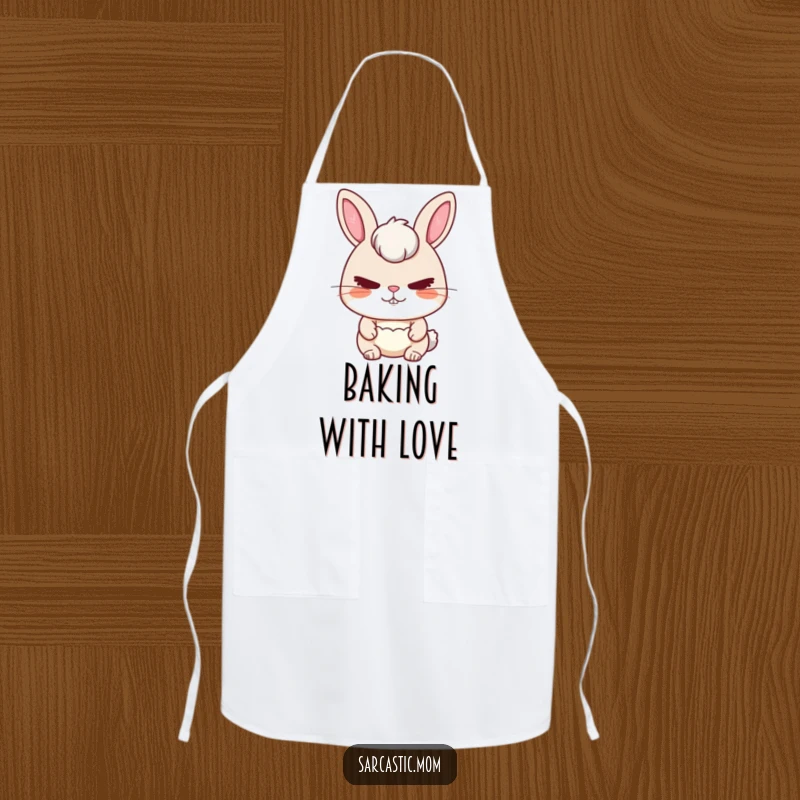 Funny Rabbit Mom Apron showing a rabbit mom with a stern yet loving look, perfect for kitchen duties.