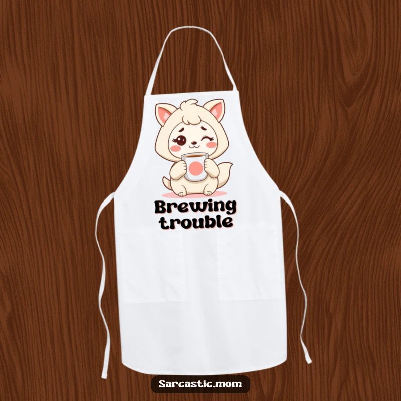 Funny Kawaii mother animal apron, holding coffee, with a raised eyebrow, perfect for kitchen humor, a fantastic funny gift.