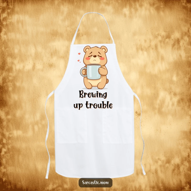 Funny Mama Bear apron showcasing a tired bear mom with a massive coffee mug, ready for kitchen duty.