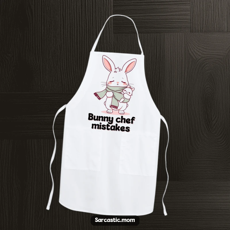 Funny bunny mom baby sling scarf apron, showcasing humorous parenting style in the kitchen.
