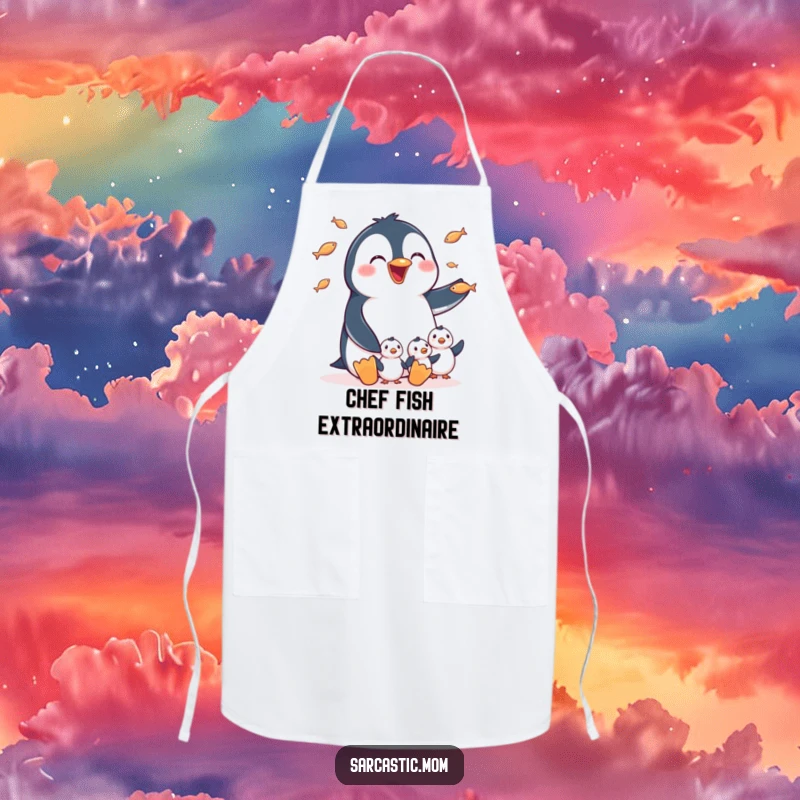 Funny Apron: A happy penguin mom juggling tiny fish for her chicks, making kitchen tasks fun and showcasing maternal charm.