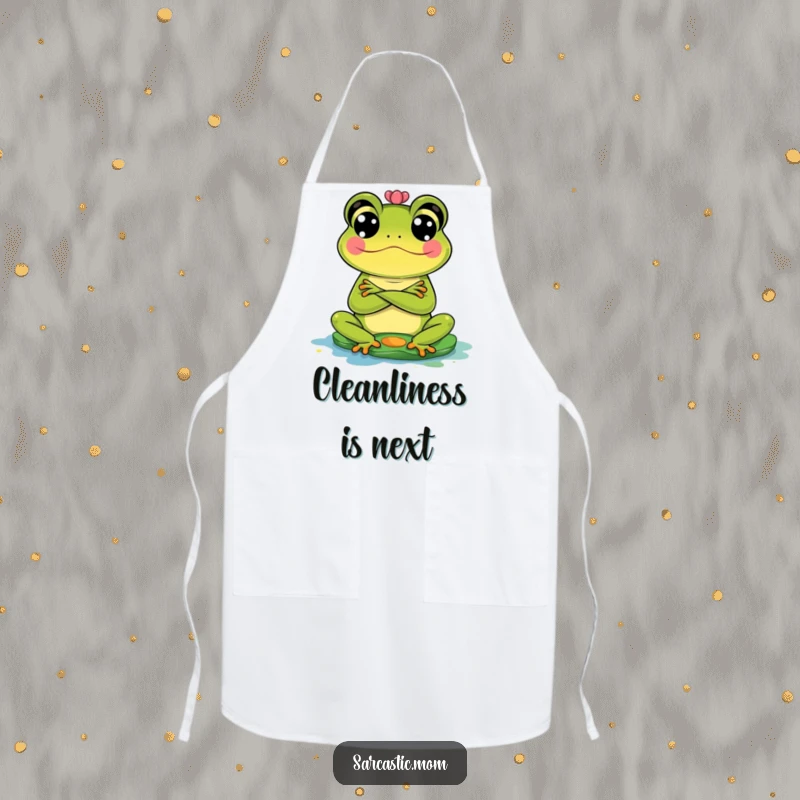 Funny Frog Mom Apron: A frog mom with arms crossed judges a messy lily pad, ready to cook.