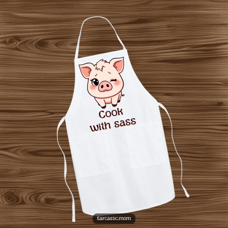 Funny and practical apron featuring a pig mom with a classic eye-roll and slight frown. Ideal for kitchen tasks with a humorous twist.