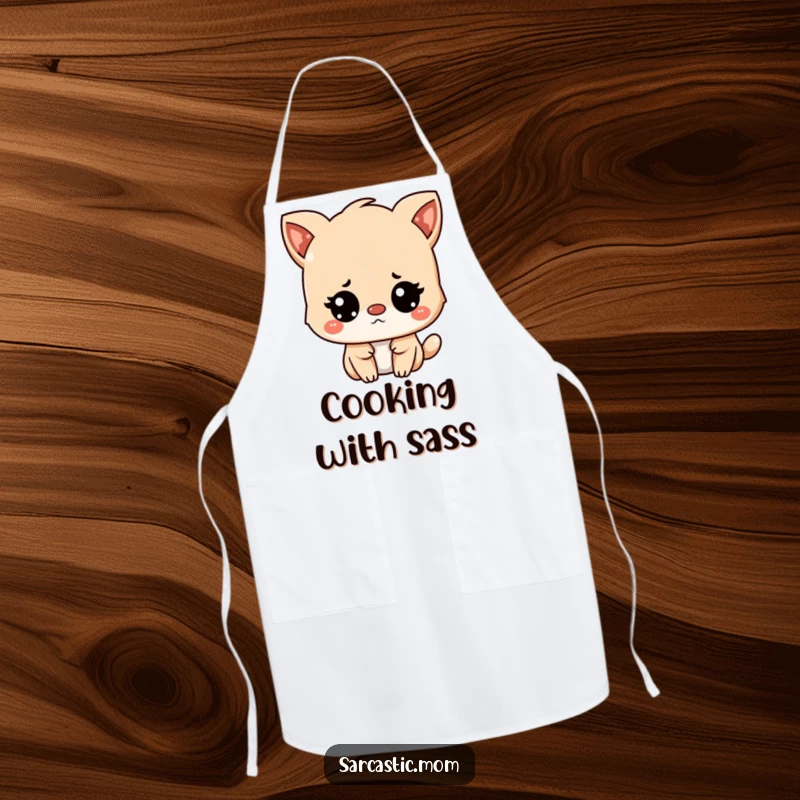 Funny Kawaii mother animal character looking unimpressed but amused, a functional and funny kitchen apron.