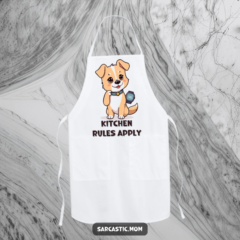 Funny Dog Mom Apron, a dog mom tapping her watch with an 'I told you so' look, perfect for adding wit to kitchen chores.