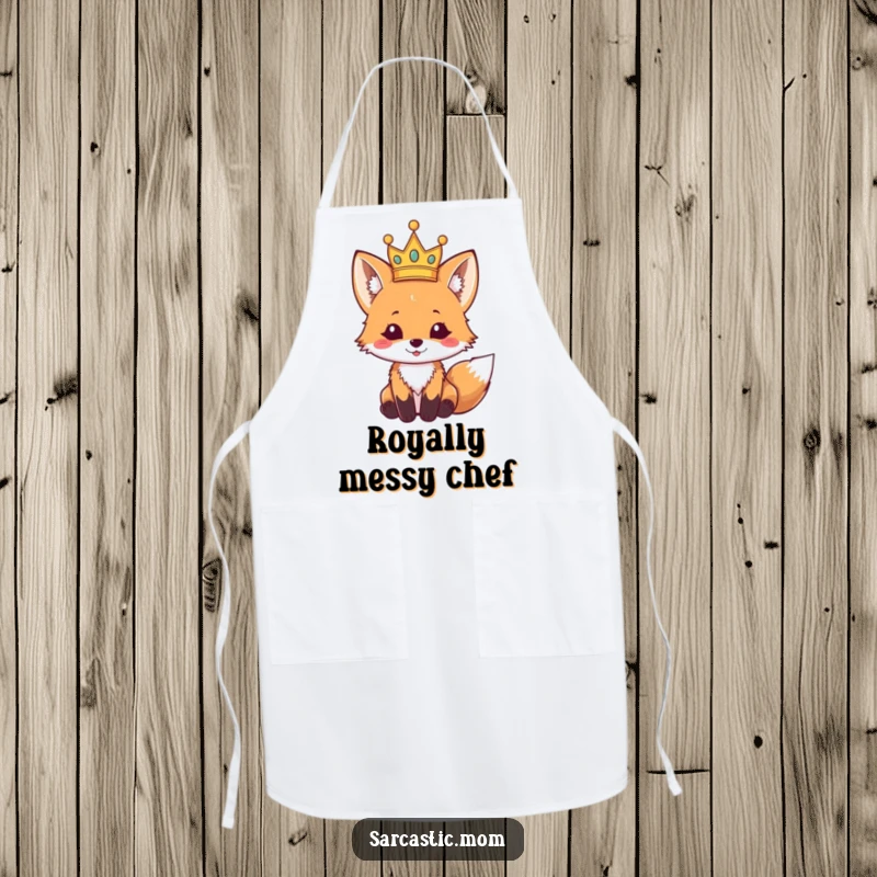 Funny fox cub apron, wearing a tiny, tilted crown, ready for kitchen duties with regal silliness. Great funny gift for cooks.
