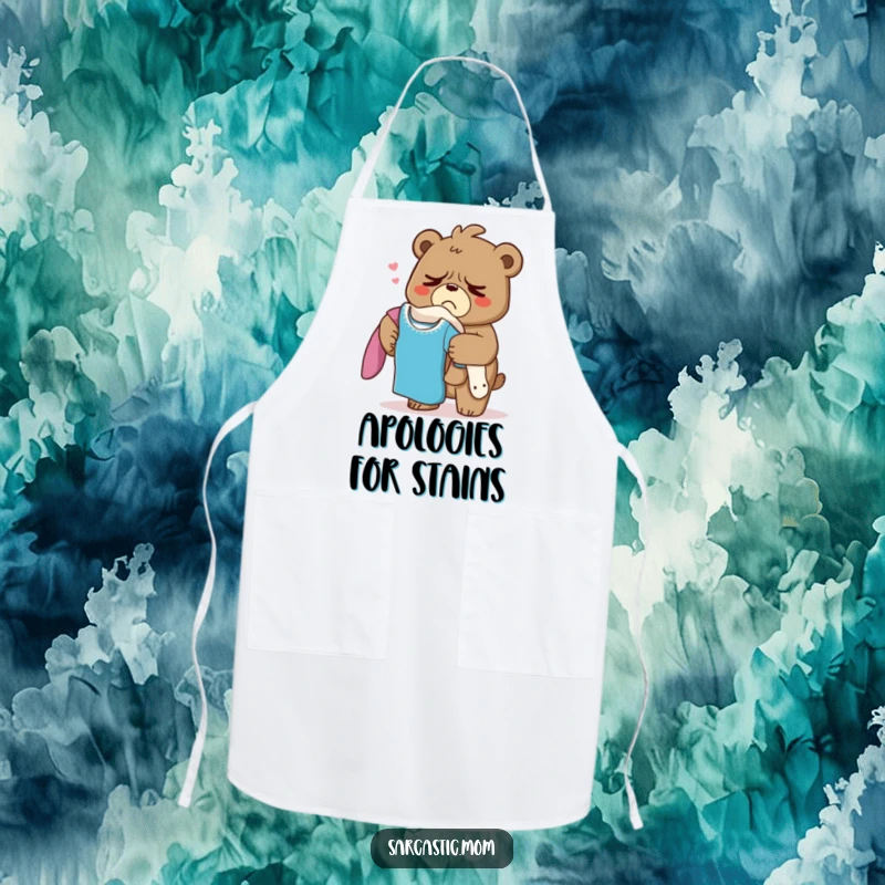 Funny Grumpy Bear Mom Apron, a mama bear sighing while holding laundry, perfect for adding humor to kitchen chores.
