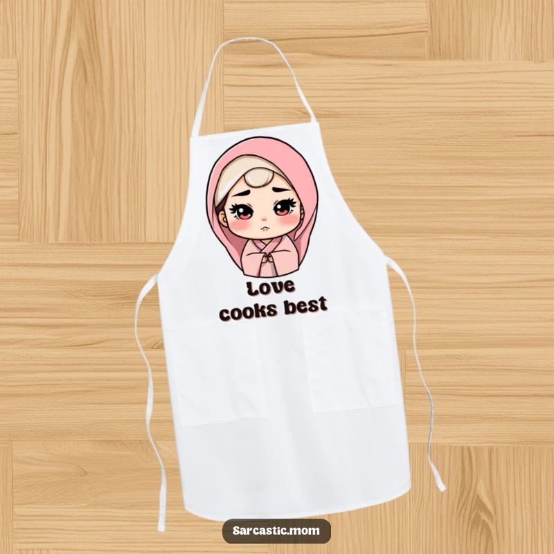Funny Apron showing a mother figure with a stern but loving gaze, ideal for moms who command the kitchen with humor and affection.