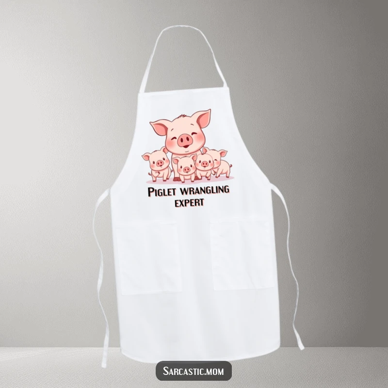 Funny mother pig character attempting to herd piglets while cooking in this practical and humorous kitchen apron.