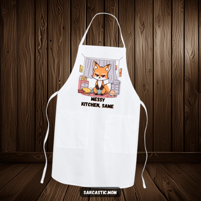 Funny Sarcastic Fox Mom Apron, a fox parent with eyes rolled back, humorously observing kitchen chaos or preparing meals.