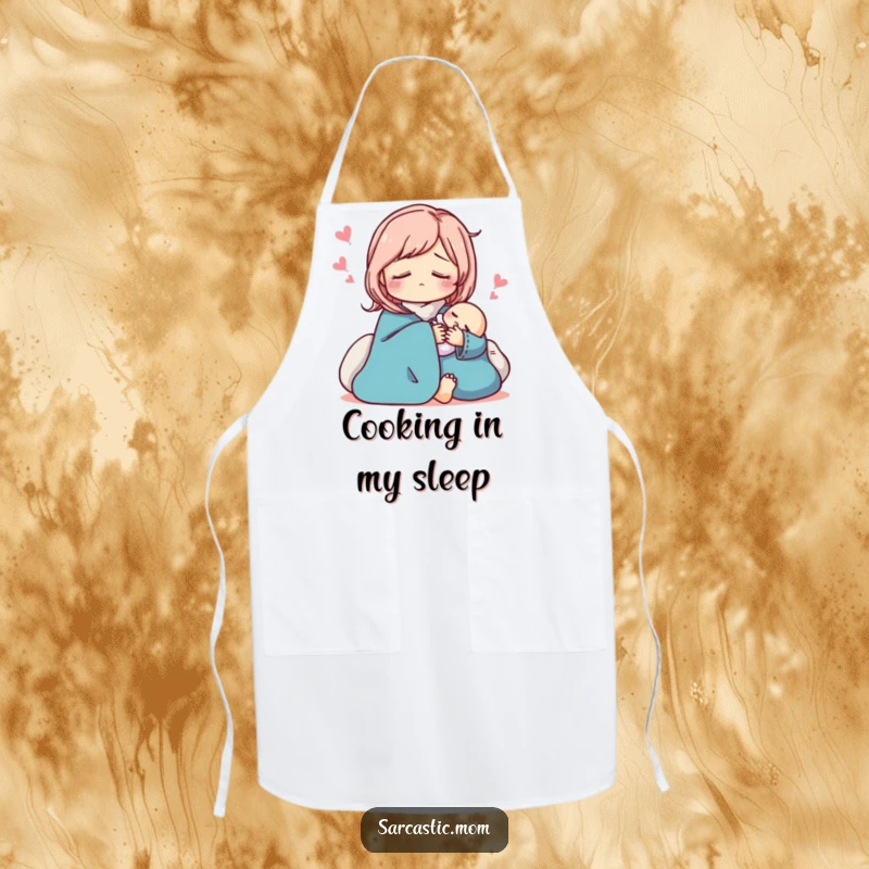 Funny sarcastic mom apron, pretending to sleep while holding a baby. Humorous kitchen wear.