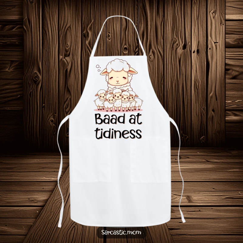 Funny Sheep Mom Apron: A sighing mother sheep counts her lambs, ready for kitchen tasks.