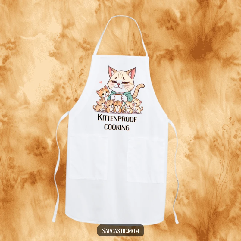 Funny Weary Cat Mom Apron, a coffee-loving mom observing playful kittens, adding humor to kitchen activities.