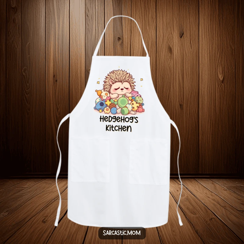Funny grumpy hedgehog mom sleep apron, for humorous kitchen duties while dealing with toys and exhaustion.