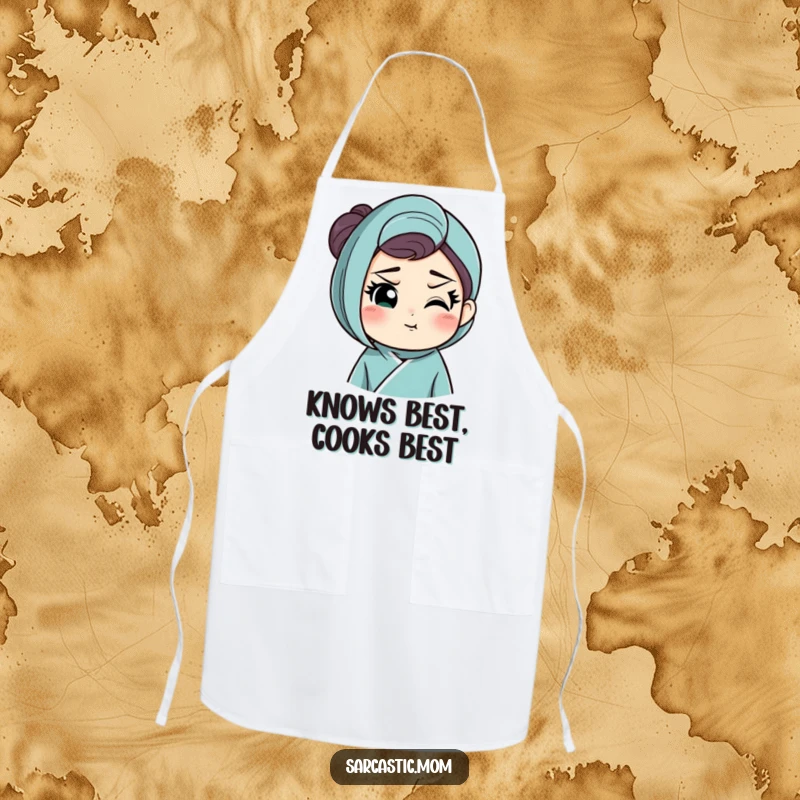 Funny apron with a mother figure's raised eyebrow and knowing smirk, ideal for humorous kitchen adventures and maternal supervision.