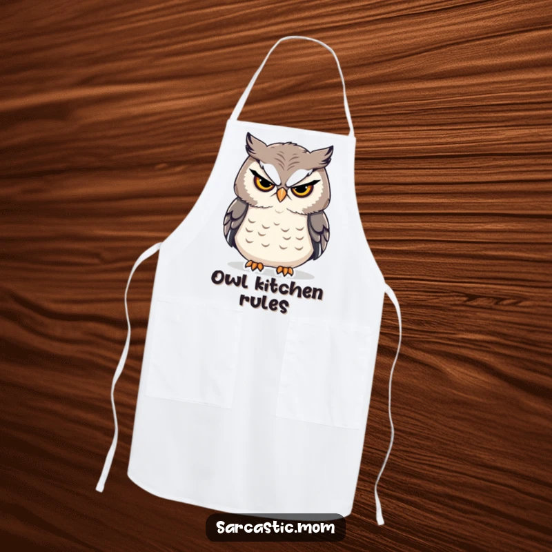 Funny sarcastic owl mom stern sigh apron, for humorous kitchen supervision and expressing wise maternal insights.