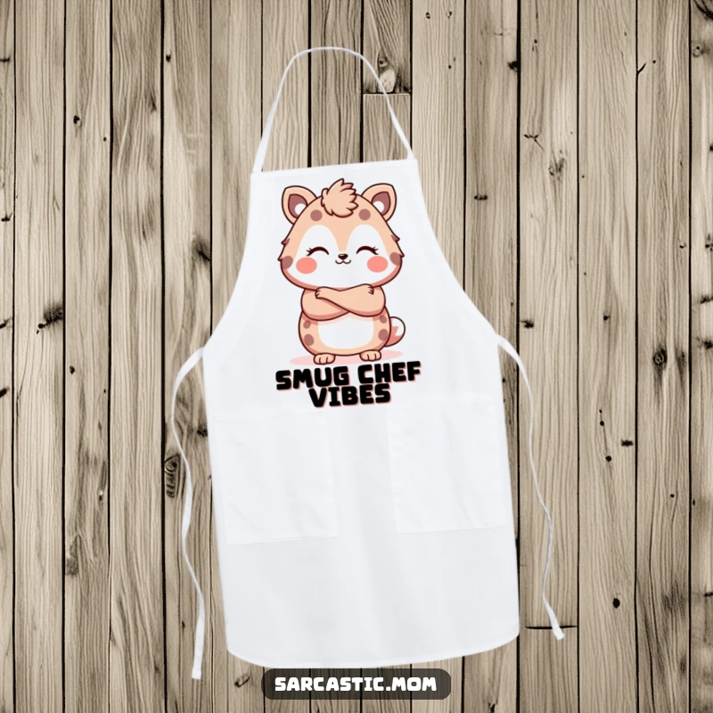 Funny Kawaii mother animal apron, with arms crossed and a smirk, perfect for kitchen authority and humor, a fantastic funny gift.