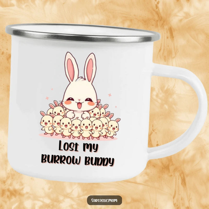 Funny Mama Bunny camping mug featuring an overwhelmed bunny mom with energetic babies, perfect for outdoor excursions.