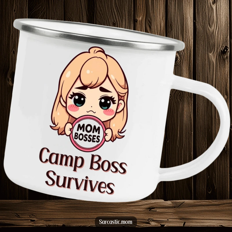 Funny Mom Boss camping mug with a sarcastic badge. Durable and humorous outdoor drinkware.