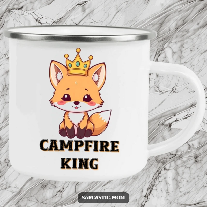 Funny fox cub camping mug, balancing a small, tilted crown, perfect for wilderness adventures. A rugged funny gift choice.