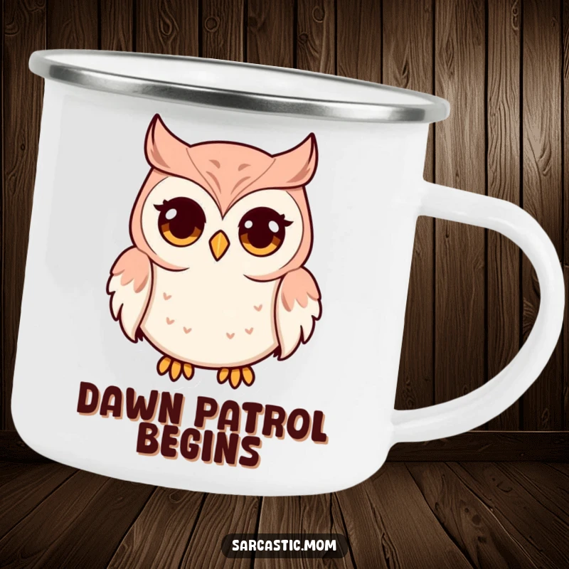 Funny enamel camping mug showcasing an owl mom with wide eyes and a pursed beak. Durable and humorous, perfect for nature trips.