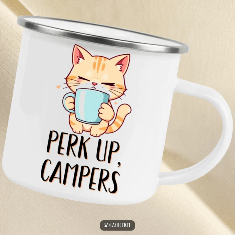 Funny cat mom rolling eyes camping mug, durable for outdoor use, showcasing a humorous mom personality.