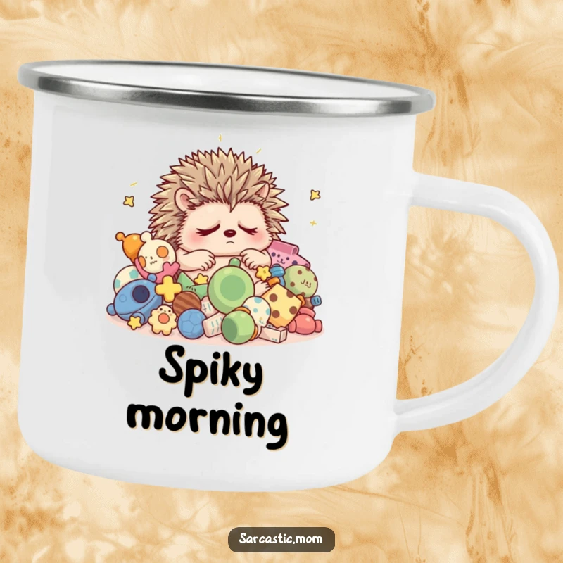 Funny grumpy hedgehog mom sleep camping mug, durable for outdoor use, showcasing a humorous mom's plea for quiet.