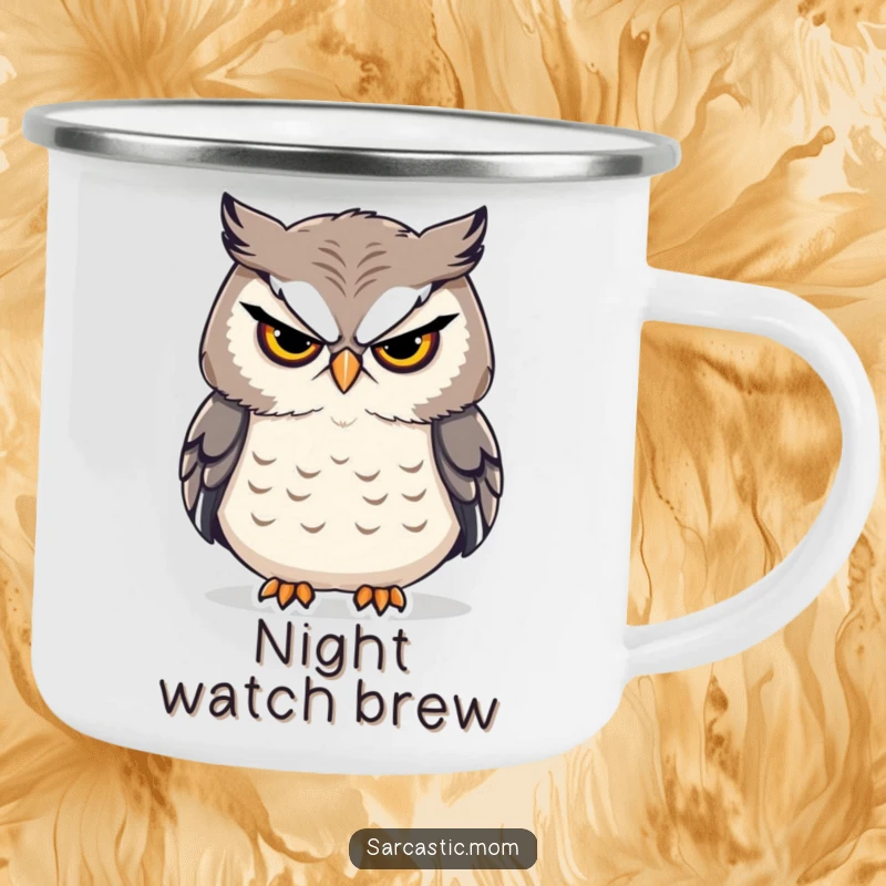 Funny sarcastic owl mom stern sigh camping mug, durable for outdoor use, showcasing a humorous wise mom personality.