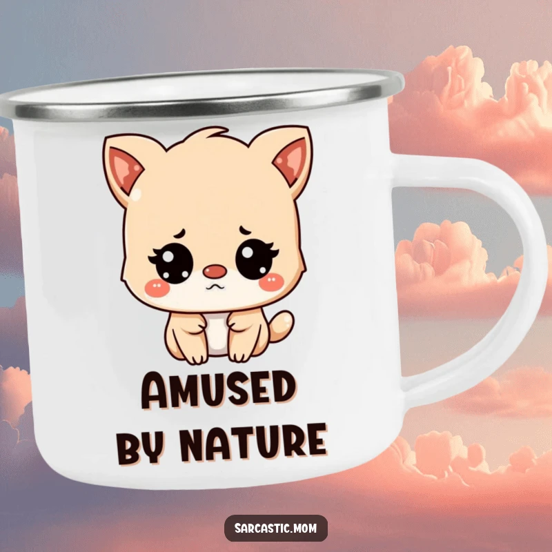 Funny Kawaii mother animal character looking unimpressed but amused, on a metal camping mug for outdoors.