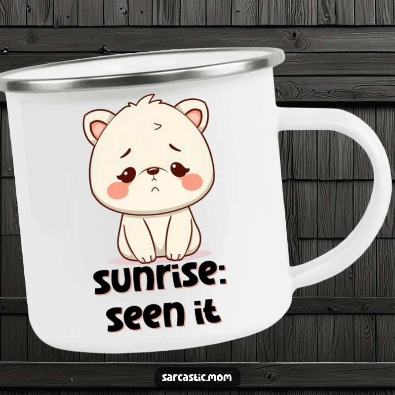 Funny Kawaii Mom animal camping mug, with a knowing, exhausted smile, ready for outdoor adventures.