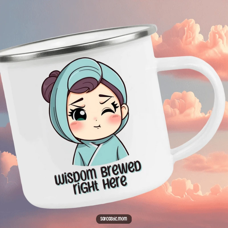 Funny camping mug with a mother figure's raised eyebrow and knowing smirk, perfect for humorous outdoor moments and travels.