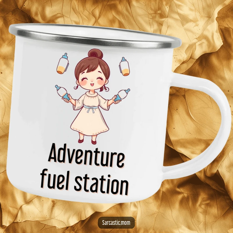 Funny Camping Mug: A whimsical mom character juggling baby bottles, ideal for outdoor adventures and celebrating multitasking parents.