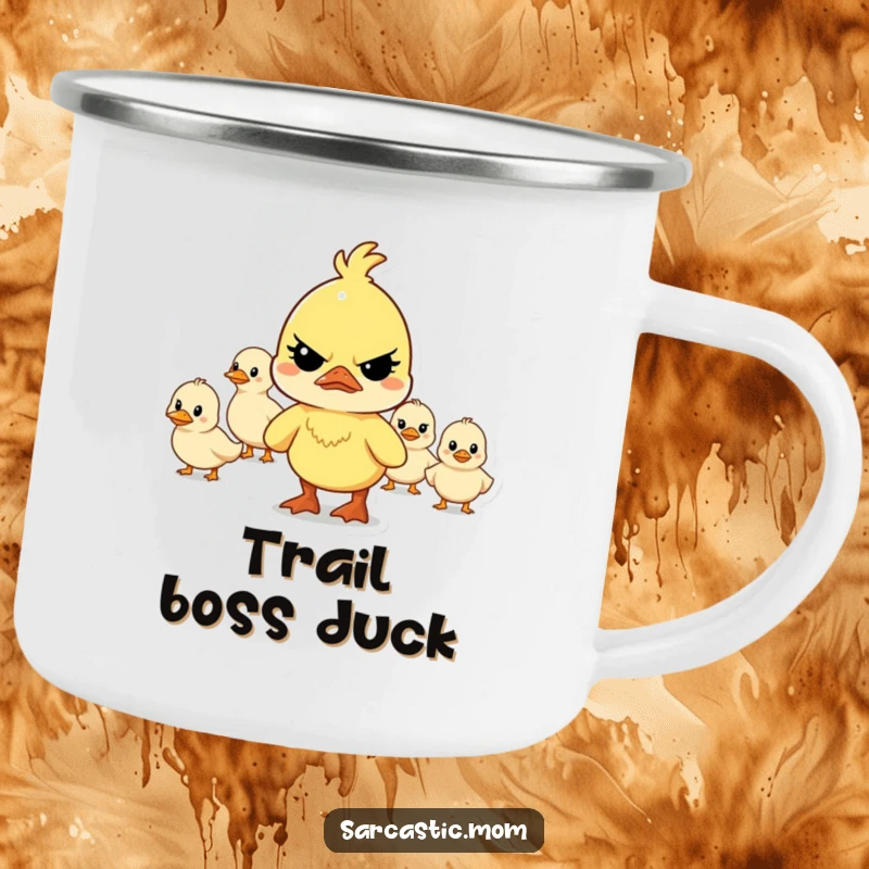 Funny determined mother duck character leading a chaotic line of ducklings on an outdoor adventure with this rugged and humorous camping mug.