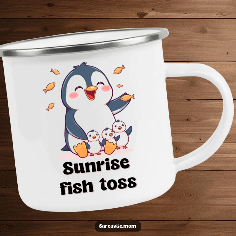 Funny Camping Mug: A happy penguin mom juggling tiny fish for her chicks, perfect for outdoor enthusiasts who love cute animal designs.