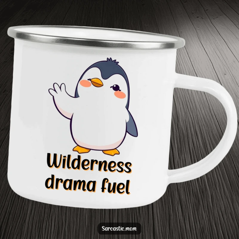 Funny penguin mom camping mug featuring a dramatic penguin mother with a hand gesture, perfect for outdoor humor.