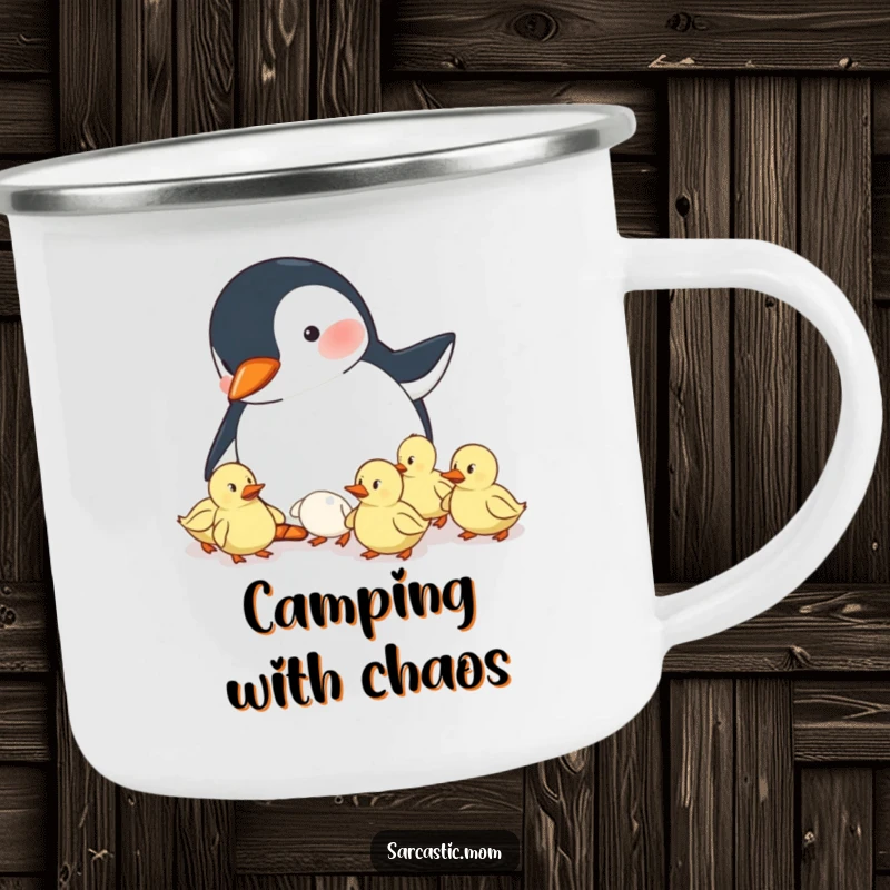 Funny camping mug featuring a penguin mom herding ducklings, designed for outdoor excursions and mom humor.