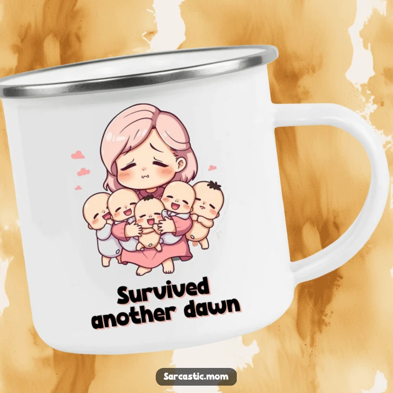 Funny camping mug with a tired but amused mother figure holding many babies, perfect for humorous outdoor moments and travels.