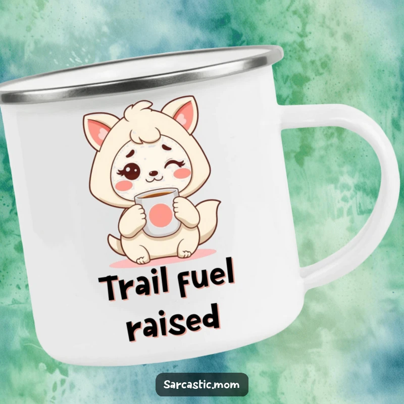 Funny Kawaii mother animal camping mug, holding coffee, with a raised eyebrow, for outdoor mom humor, a rugged funny gift.