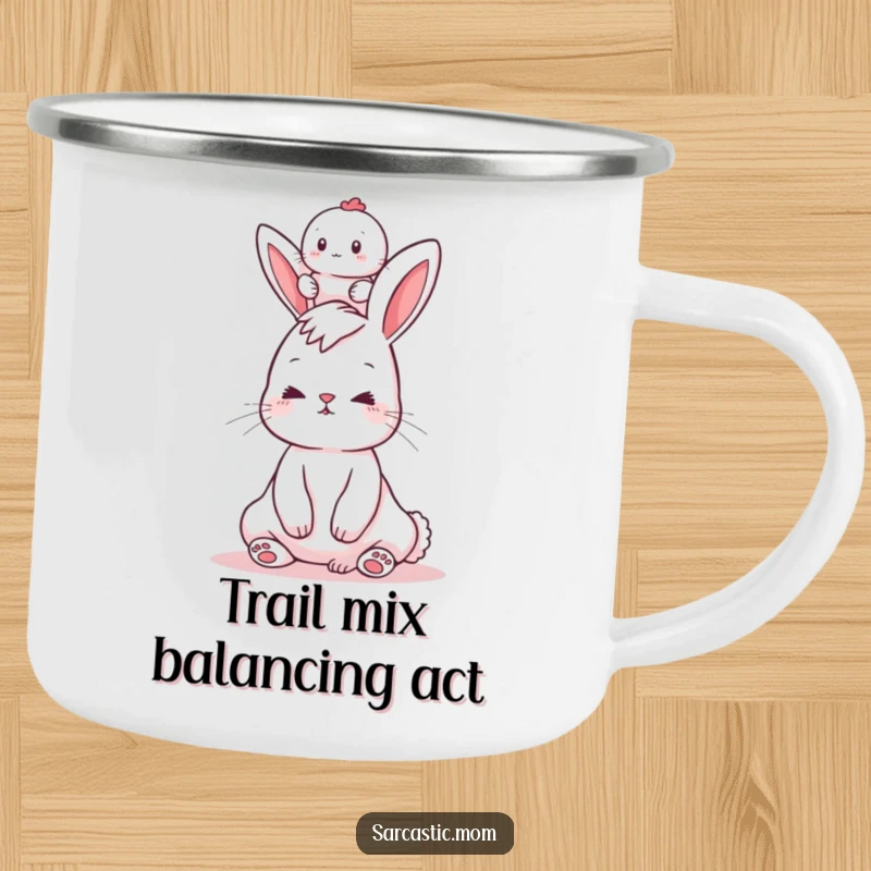 Funny camping mug featuring a bunny mom balancing a baby on her head, designed for outdoor adventures and mom humor.