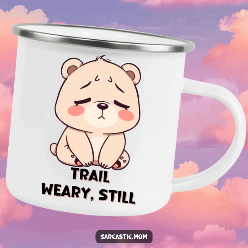 Funny Bear Mom Camping Mug with a tired bear mom illustration, ideal for hot or cold drinks in any setting.