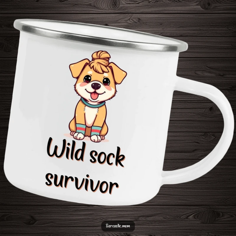 Funny camping mug featuring a dog mom with a messy bun and mismatched socks, designed for outdoor adventures and dog mom humor.