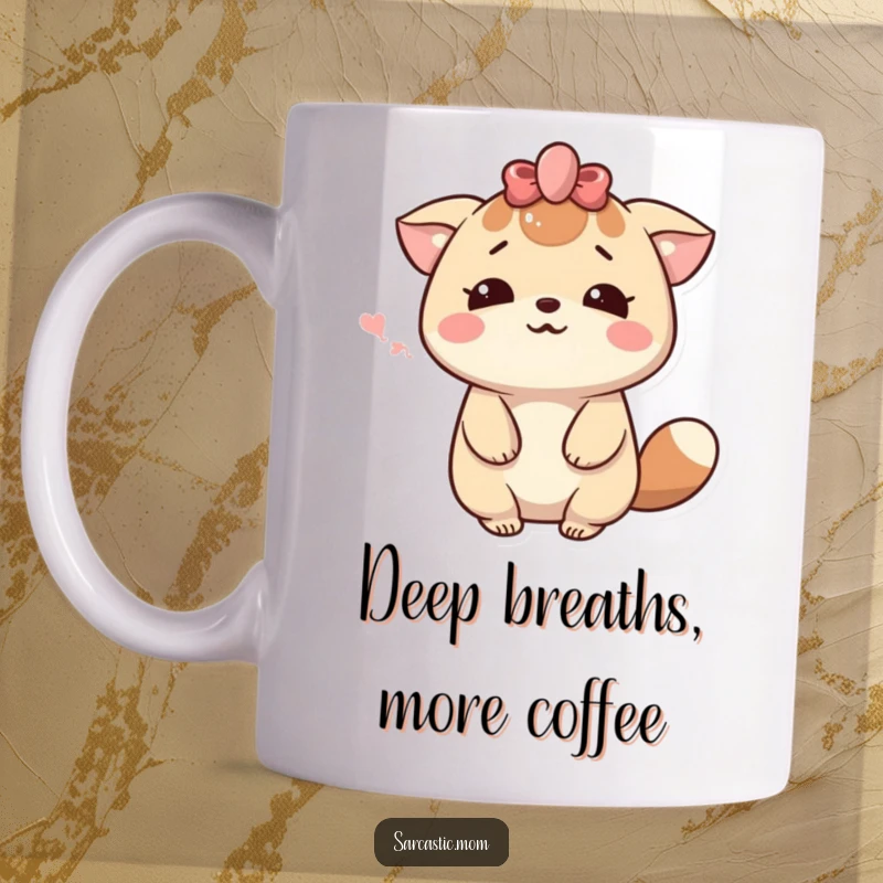 Funny Kawaii Mom Animal Mug: A cute mother creature sighing dramatically yet smiling, expressing humorous resignation.