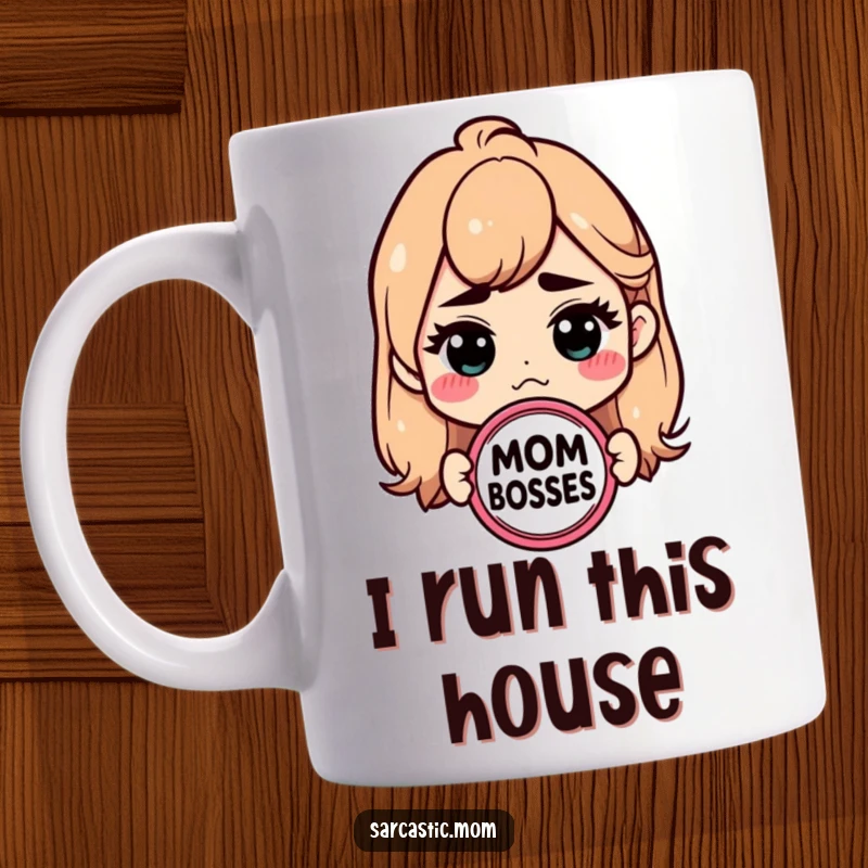 Funny Mom Boss mug with a sarcastic badge. A humorous and empowering gift for mothers.