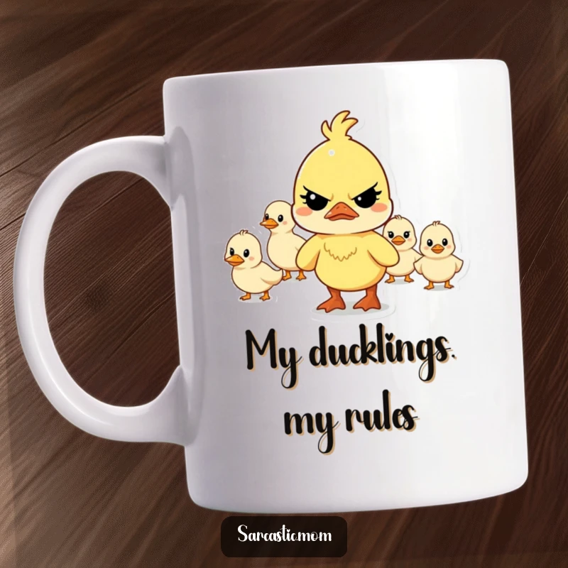 Funny determined mother duck character frowning while leading a chaotic line of ducklings on this comical mug.