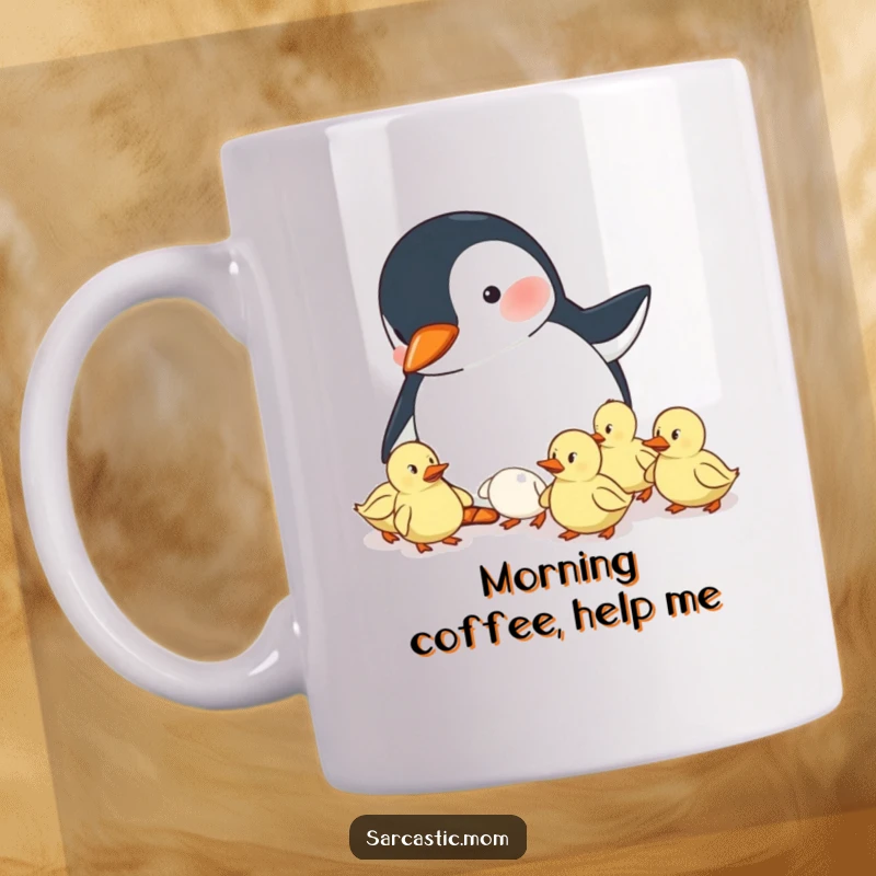 Funny mug depicting a penguin mom hilariously trying to herd a flock of unruly ducklings, showcasing mom's patience and humor.
