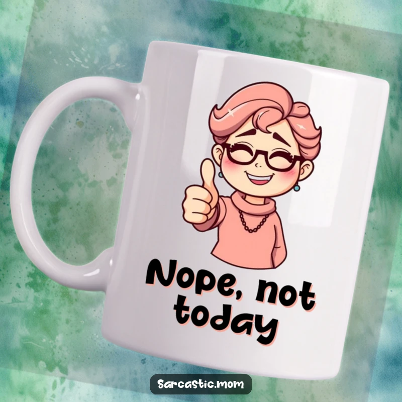 Funny sarcastic mom mug, giving a thumbs down with a grin. Humorous gift for unimpressed moms.