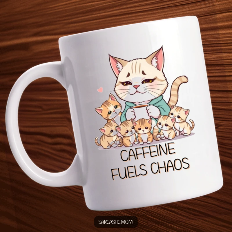 Funny Weary Cat Mom Mug, a tired cat mom holding coffee, observing her chaotic bundle of kittens with loving exhaustion.