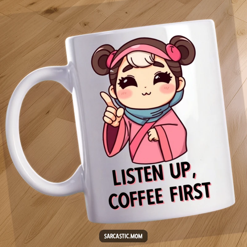 Funny mug with a mother figure offering unsolicited advice with a pointed finger, humorously depicting maternal guidance and gentle correction.