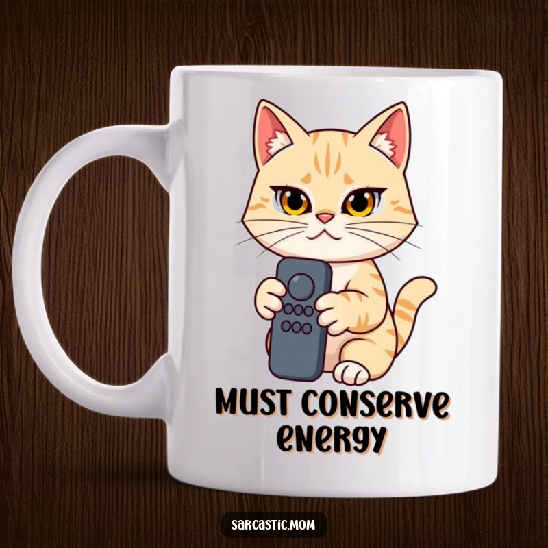 Funny Cat Mom Mug, a determined woman holding a remote control, ready to claim TV time, humorous gift.