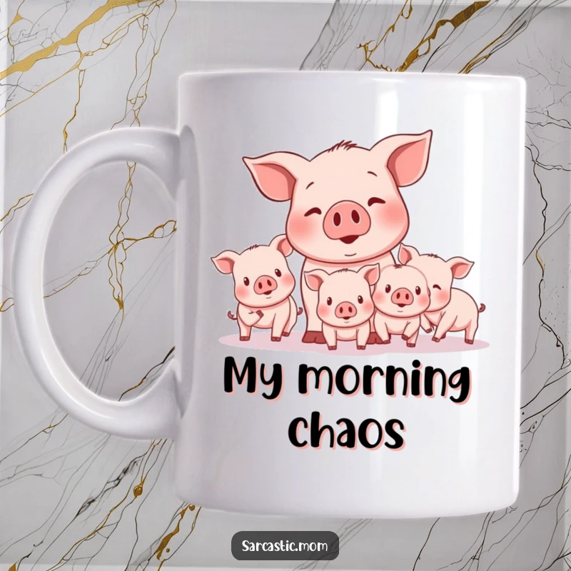 Funny mother pig character looking exasperated while herding several uncooperative piglets in this comical mug design.